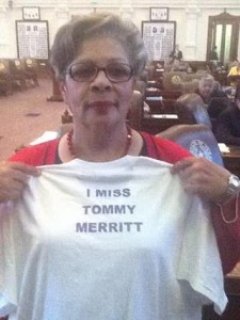 Senior Democrat Senfronia Thompson donned a t-shirt to express her thoughts on Merrit’s failed reelection run.
