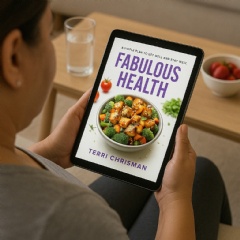 Lady reading Kindle version of “Fabulous Health: A Simple Plan To Get Well And Stay Well.”