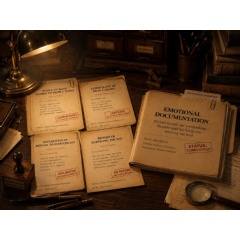 Sample archive documents from “Emotional Documentation,” including official notices, declarations, certificates, and records inspired by everyday emotional experiences.