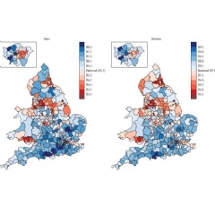 Life expectancy for men and women in each district in
England and Wales in 2030.
Source: The Lancet