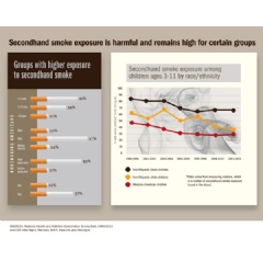 Secondhand smoke exposure is harmful and remains high for certain groups. 
