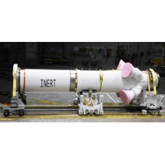 The launch abort motor for Artemis 1, the first launch of NASA’s Space Launch System and Orion spacecraft, at Northrop Grumman’s Bacchus facility in Magna, Utah, before leaving June 3 for Kennedy Space Center, Florida. -CREDIT: Northrop Grumman-