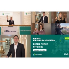 �ivind Amundsen, President and CEO of Oslo B�rs celebrates the listing together with CEO Martin Vogt and employees of MPC Energy Solutions.