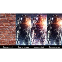 Project almost anywhere – This graphic shows the results of Mystique V2.5’s camera-based background compensation correcting an image projected on a brick wall.