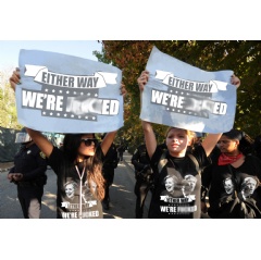 Supporters of the �Either Way...� movement in Europe demonstrating their opposition to both primary US Presidential candidates in London.