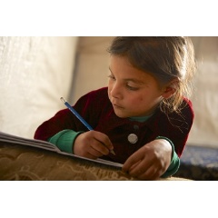 © UNICEF/UNI156405/Noorani
On 7 December 2013 in Lebanon, Aliya, 7, completes homework in the tent she shares with 16 family members in an informal tented settlement for Syrian refugees in Dalhamieh, a small village in the Bekaa Valley.