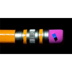 A 2018 photo shows Intel�s new quantum computing chip balanced on a pencil eraser. Researchers started testing this �spin qubit chip� at the extremely low temperatures necessary for quantum computing: about 460 degrees below zero Fahrenheit.