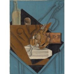 Juan Gris (Spanish, 1887–1927). The Musician’s Table, 1914. Charcoal, wax crayon, gouache, cut-and-pasted printed wallpaper, blue and white laid papers, transparentized paper, newsprint, and brown wrapping paper; selectively varnished on canvas.