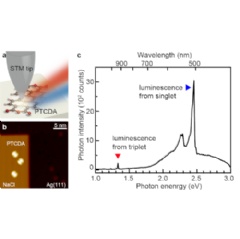 (a) Schematic image of the measurement; (b) STM image of PTCDA adsorbed on NaCl grown on Ag(111); (c) Luminescence spectrum