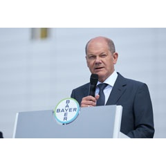 German Chancellor Olaf Scholz at the topping-out ceremony for Bayer�s new pharmaceutical production facility in Leverkusen