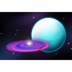 MIT astronomers mapped the disk winds associated with the accretion disk around Hercules X-1, a system in which a neutron star is drawing material away from a sun-like star, represented as the teal sphere. (see complete caption below)