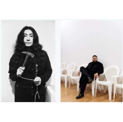 Left to right: Yoko Ono with Glass Hammer 1967 from HALF-A-WIND SHOW, Lisson Gallery, London, 1967. Photograph © Clay Perry / Artwork © Yoko Ono. Oscar Murillo, 2023. Photo by Tim Bowditch, courtesy the artist. Copyright © Oscar Murillo