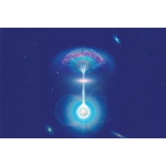 An artist’s illustration of a neutron star emitting a radio beam from within its magnetic environment. As the radio waves travel through dense plasma within the galaxy, they split into multiple paths, (see complete caption below)