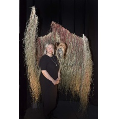 Suodji mis jus sajáidagáimet dovdat (We´ll have shelter for as long as we know our place). Máret Ánne Sara (1983-) with her artwork at the exhibition “Environmental Injustice – Indigenous Peoples’ Alternatives” (see complete caption below)