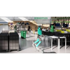 Agility Robotics� Digit performs material handling, such as tote handling and transport to kitting and commissioning areas, in a digital twin of a Schaeffler facility.