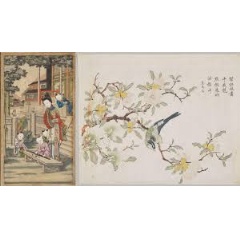 Left: Women teaching children the four accomplishments (set of four prints) Woodblock print; printed in three shades of ink and hand-colored; (see complete caption below)