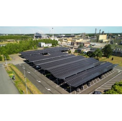 Aerial view of the solar canopies at the Borealis site in Beringen, Belgium

 ENGIE.