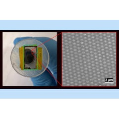 Palladium plug membrane at the end of the membrane fabrication process (left). Dashed green lines outline the membrane. Scanning electron microscopy image of the membrane shows the palladium plugs embedded inside (see complete caption below)