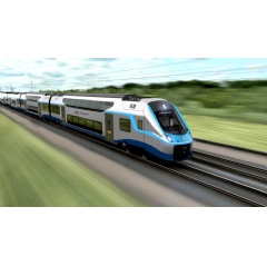 The six-car Coradia Max train combines four double-deck end cars and two single-deck intermediate cars