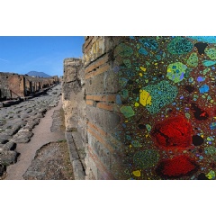 Caption:An ancient Pompeii wall at a newly excavated site, where Associate Professor Admir Masic applied compositional analysis (overlayed to right) to understand how ancient Romans made concrete (see complete caption below)