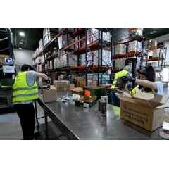 Volunteers prepare and organize food in a warehouse for subsequent distribution through Food Banks.