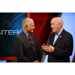 Bristol, CT – August 13, 2012 – ESPN Studio B: George Grande (l) and Bill Rasmussen during a promo for the 50,000th SportsCenter.
(Photo by Rich Arden / ESPN Images)