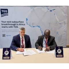 EVP of Multi-Client, David Hajovsky with Dr. Alfredo Malu, General Director at PetroGuin, signing the agreement at African Energy Week 2026