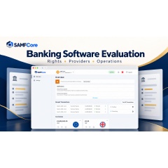SAMFCore banking software evaluation graphic featuring an authentic customer platform view.