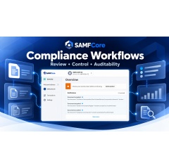 SAMFCore compliance workflow graphic incorporating an authentic customer document-notification view.