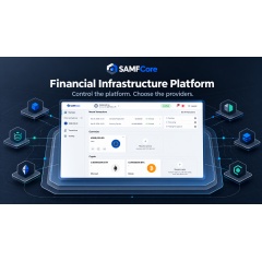 SAMFCore financial infrastructure platform graphic featuring a real fiat and digital-asset dashboard.