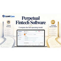 SAMFCore perpetual fintech software graphic with an authentic business dashboard view.