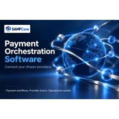 SAMFCore payment orchestration software: conceptual illustration of payment workflows and customer-selected provider coordination.