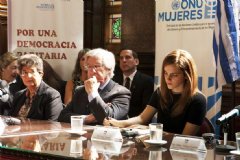On her first country visit as UN Women�s Goodwill Ambassador, British actor Emma Watson (right) visited Uruguay�s Parliament where she met with Vice President Danilo Astori (2nd right). Photo: UN Women/Marco Grob.