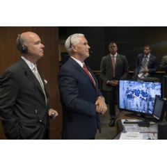 Rep. Robert Aderholt, R-Alabama, and Vice President Mike Pence talk with Expedition 53 crew members Joe Acaba, Randy Bresnik and Mark Vande Hei of NASA. Credits: NASA/Bill Ingalls