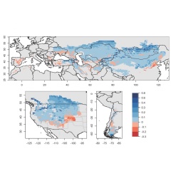 These maps illustrate areas that are expected to become more suitable for rainfed agriculture (shown in blue), and areas expected to lose suitable farmland (shown in red).