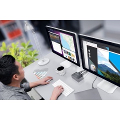 Plug in two ultra-high-def monitors at your workstation with the Thunderbolt 3 DV4K Docking Station with Power.