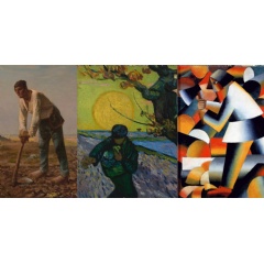 L:Jean-François Millet, Man with a Hoe, 1860-1862, J. Paul Getty Museum, Los Angeles. Middle: Vincent van Gogh, The Sower, 1888, Van Gogh Museum, Amsterdam (Vincent van Gogh Foundation). R: Kazimir Malevich, The Woodcutter, 1912, Collection Stedelijk