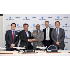 From left to right: Joel Boff, Senior Sales Director Europe, Airbus; Didier Robert, President of Sematra; Marie-Joseph Mal�, CEO Air Austral; Kimon Sotiropoulos, SVP Central and Northern Europe, Airbus; and Christopher Buckley, EVP Commercial, Airbus