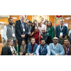 His Holiness the Dalai Lama posing for a group photo with delegates to the Rising Himachal Global Investors’ Meet after their meeting at his residence in Dharamsala, HP, India. Photo by Tenzin Choejor