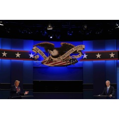 President Donald Trump, left, and former Vice President Joe Biden at the second and final presidential debate, at Belmont University in Nashville, Tennessee. (AP Photo/Patrick Semansky)