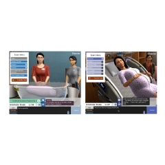 Image of a LGBTQ family: Jennifer, Vivian and their baby, Eden (left). Image of maternal health patient, Daanis, in the bed holding her stomach, along with the exam menu and interview guide (right).