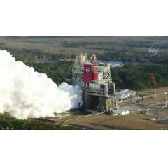 The core stage for the first flight of NASA’s Space Launch System rocket is seen in the B-2 Test Stand during a hot fire test Jan. 16, 2021, at NASA’s Stennis Space Center near Bay St. Louis, Mississippi.
Credits: NASA Television