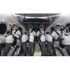 NASA astronauts Shannon Walker, left, Victor Glover, Mike Hopkins, and Japan Aerospace Exploration Agency (JAXA) astronaut Soichi Noguchi, right are seen inside the SpaceX Crew Dragon Resilience
Credits: NASA/Bill Ingalls
