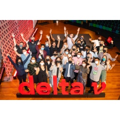 A portion of the delta v Demo Day participants posed on stage before the event Friday.
Credits:
Image: Justin Knight