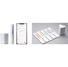 (Left) The reader, test stick and companion smartphone app
(Right) A range of sticks for different health and fitness needs