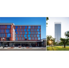 Left: Taylor Street Apartments and Little Italy Branch Library © Tom Harris; Right: Shenzhen Rural Bank Headquarters © Seth Powers