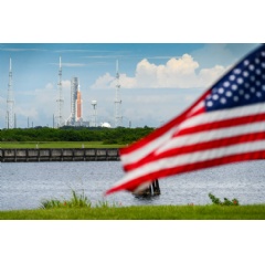 NASA�s Space Launch System (SLS) rocket with the Orion spacecraft aboard is seen atop the mobile launcher at Launch 39B at NASA�s Kennedy Space Center in Florida.
Credits: NASA/Eric Bordelon