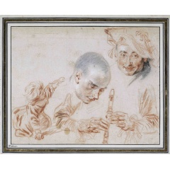 Crouching Child, Two Male Heads, One Wearing a Beret, Arms and Hands of A Recorder-Player

Jean Antoine Watteau, 1705 � 1716. Mr and Mrs De Bruijn-van der Leeuw Bequest, Muri, Switzerland