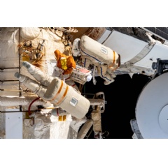 Roscosmos spacewalkers Sergey Prokopyev and Dmitri Petelin work outside the International Space Station’s Roscosmos segment during the installation of an experiment airlock on the Nauka multipurpose laboratory module.
Credits: NASA