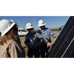 The team at Chevron’s Lost Hills facility in California check on the solar panels that provide electricity to the oil field and soon, the hydrogen production plant.
